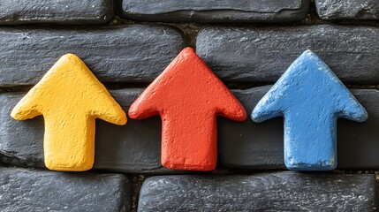 Three colorful upward pointing arrows on a dark stone wall.