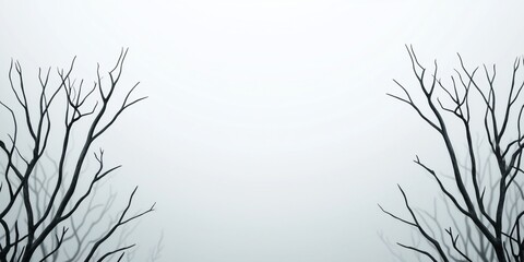 Fototapeta premium A misty spooky haunted forest halloween background. Silhouettes of gnarled trees stand against a foggy, moonlit sky, with faint, ethereal lights glowing in the distance.
