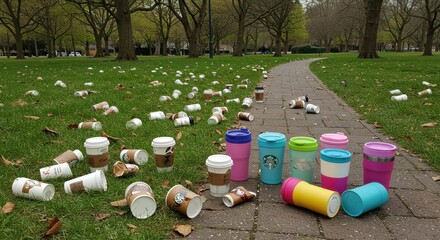 Fototapeta premium Discarded coffee cups littering a park, contrasting with reusable colorful tumblers on a stone path.