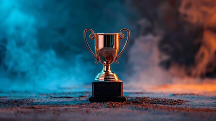 A silver trophy stands on a textured surface with dramatic blue and orange smoke in the background