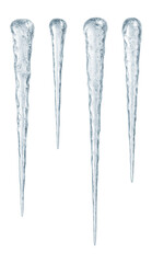 Fototapeta premium Four realistic icicles of varying sizes with detailed textures on transparent background.