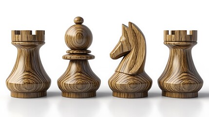 Wooden chess pieces displayed against a white background.
