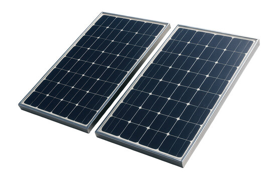 Two rectangular solar panels with a grid of dark photovoltaic cells framed in silver on transparent background.