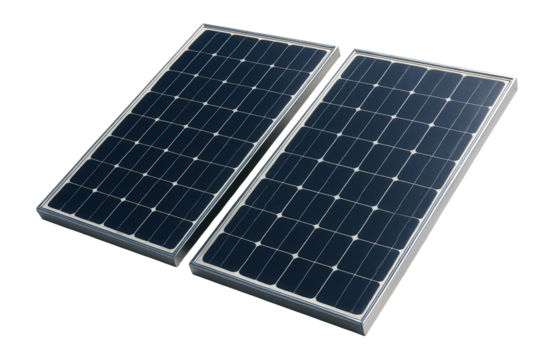 Two rectangular solar panels with a grid of dark photovoltaic cells framed in silver on transparent background.