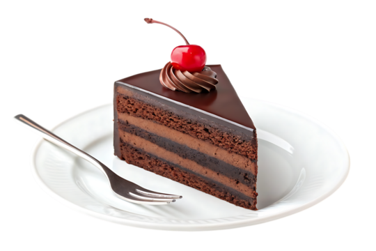 Delicious chocolate cake slice with cherry topping on transparent background