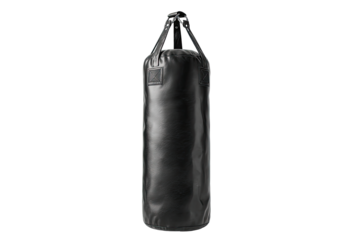 A black boxing punching bag against a black background.  It's cylindrical, with fabric or leather material, and has two handles at the top