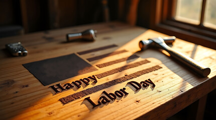 Rustic wooden american flag with happy labor day message and tools on workbench