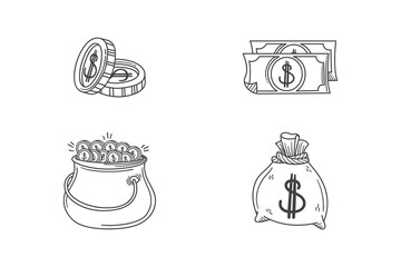 Hand Drawn Money Icons Set – Line Art of Coins, Cash, Money Bag, and Pot of Gold