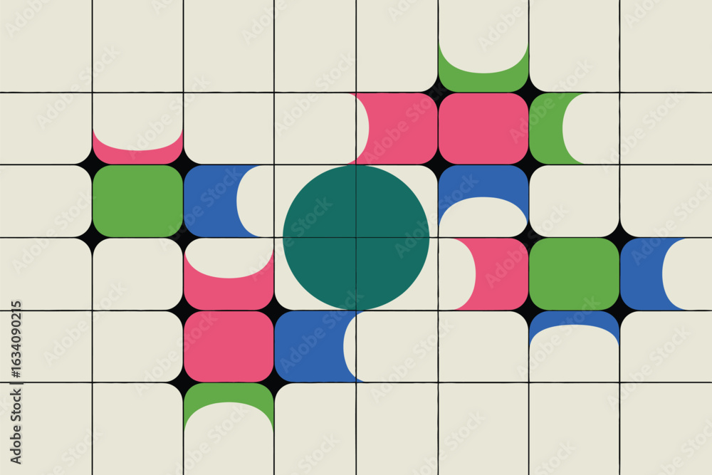 Poster abstract grid pattern with rounded squares and a central circle of teal color on a light background