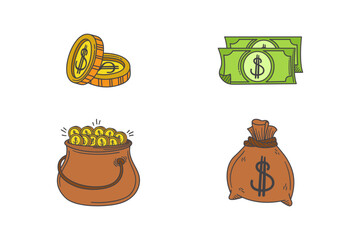 flat Money Icon Set – Hand Drawn Vector of Coins, Cash, Gold Pot, and Dollar Bag