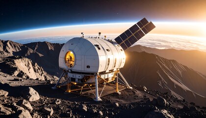 Obraz premium Lunar Habitat on Rocky Terrain with Earth in the Background