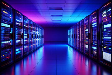 Server racks glowing with vibrant blue and pink neon lights technology data