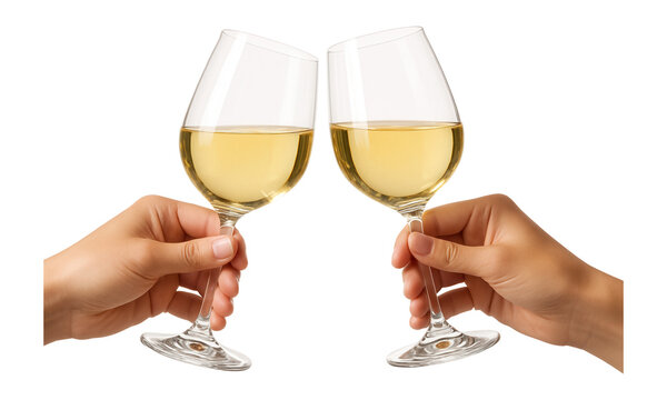 Two hands clinking wine glasses filled with white wine on transparent background.