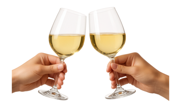 Two hands clinking wine glasses filled with white wine on transparent background.