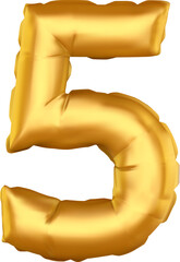 Fototapeta premium Number five crafted from a shiny golden inflatable balloon, floating gracefully against a clean white background, adding a festive touch to birthday or anniversary celebrations