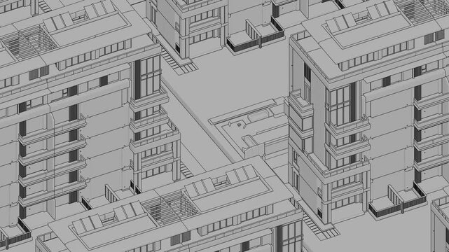 Animation of a Generic Apartment Building with solar panels on top, Seamless Looped Animation, 3D Linework rendering