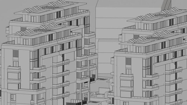 Animation of a Generic Apartment Building with solar panels on top, Seamless Looped Animation, 3D Linework rendering