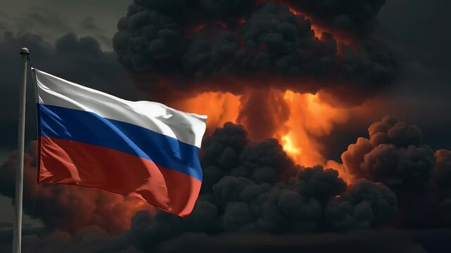 Animation of the flag of Russia waving against a backdrop of a massive fiery explosion. This footage can be used to depict concepts such as conflict, crisis, war, or political instability.