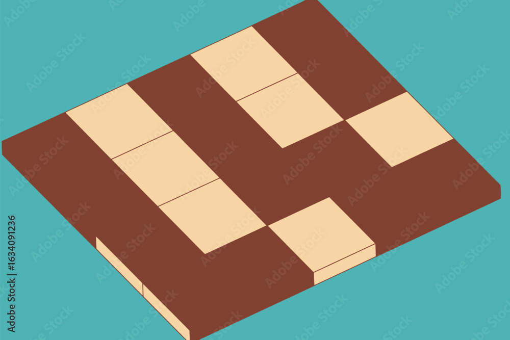 Poster isometric view of a brown and beige pattern on a rectangular surface against a teal background plane