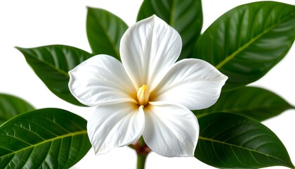 A pristine white flower with vibrant green leaves, showcasing the beauty of nature