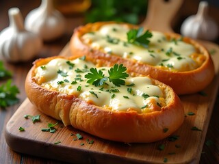 15-Minute Cheesy Garlic Bread Bake: A quick-baked cheesy garlic bread topped with parsley and melted mozzarella, served warm on a wooden board as a fast appetizer or side dish.