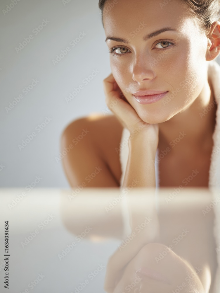 Poster reflective glow of a womans serene face in a mirror on a white table creating a tranquil ambiance