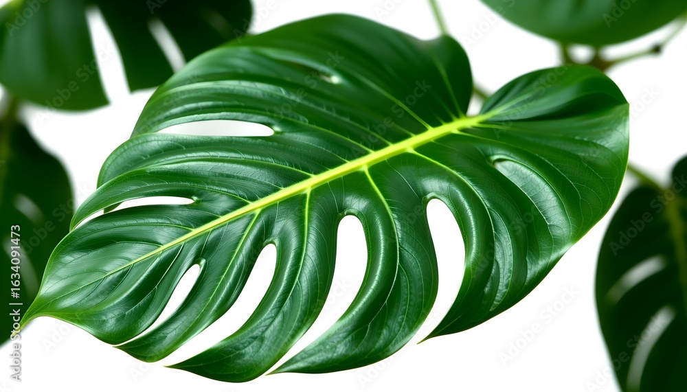 Poster close-up view of a large, vibrant green monstera leaf with intricate patterns and textures
