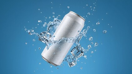 Refreshing white can splashes through clear water against blue background
