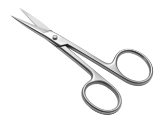 Stainless steel scissors with sharp blades and ergonomic handles on transparent background.