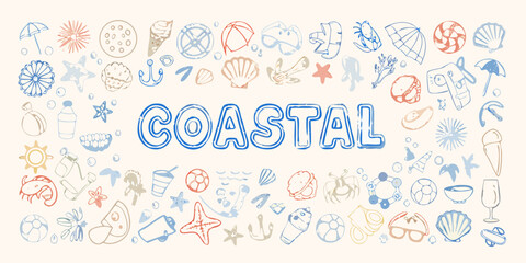 Coastal summer beach icons and word art