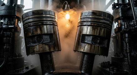 Oily Pistons Under Warm Light: Close-Up of Industrial Machinery with Steam