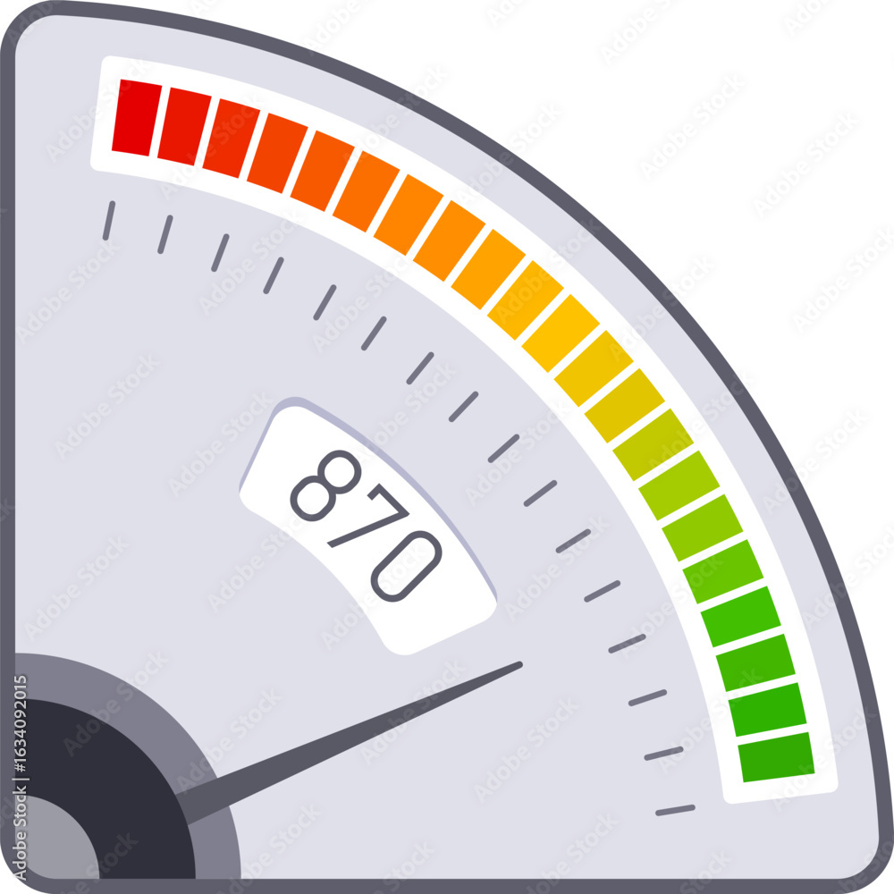 Poster credit score meter is indicating good rating with colorful segments from red to green and pointer sh