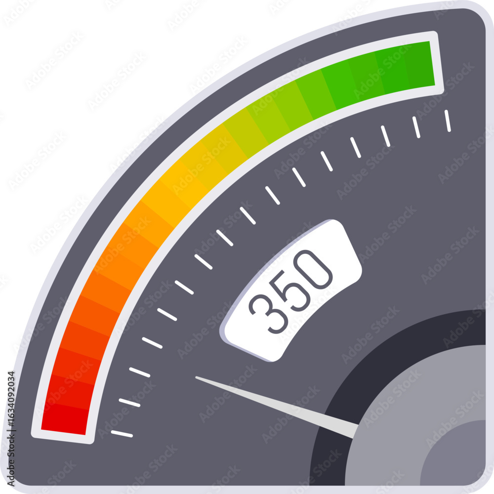 Poster speedometer indicating nearly maximum performance, featuring a green indicator that signifies strong