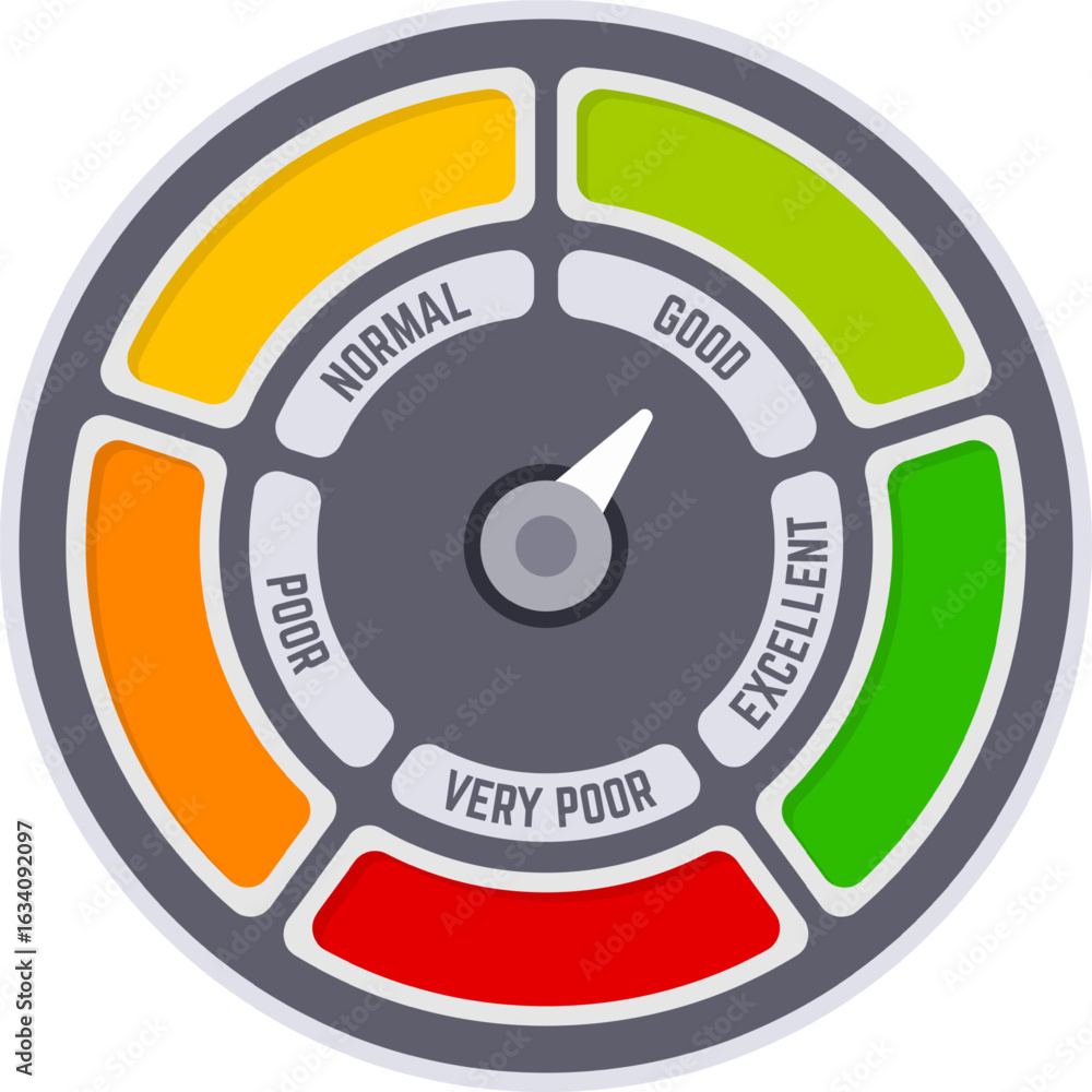 Poster round customer satisfaction meter with colored segments and pointer pointing on good and excellent r