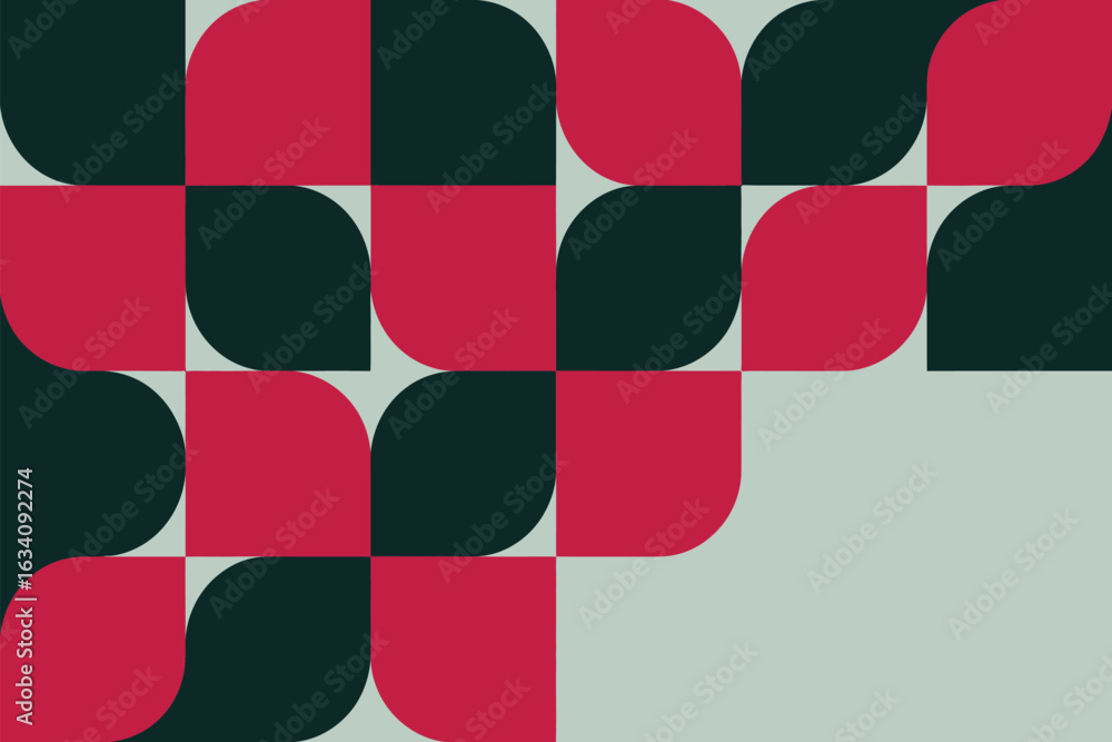 Poster abstract geometric pattern with rounded squares in red and dark green on a light gray background