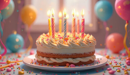 Festive birthday cake with lit candles, balloons, and colorful sprinkles creating a joyful celebration ambiance perfect for special occasions and happy memories