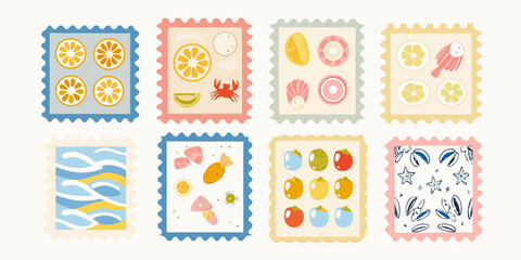 Collection of eight colorful decorative postage stamps with summer and food themes