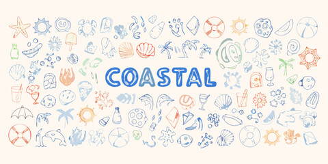 Whimsical coastal doodle collection with the word coastal
