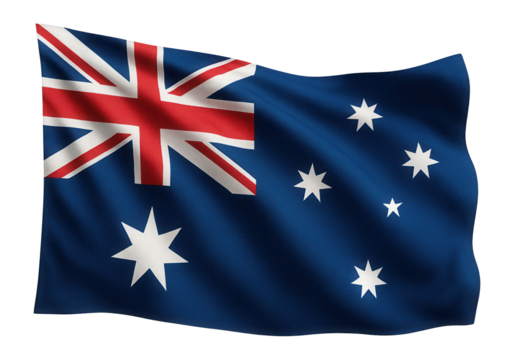 Waving Australian flag featuring the Union Jack and Southern Cross constellation on transparent background. - Powered by Adobe
