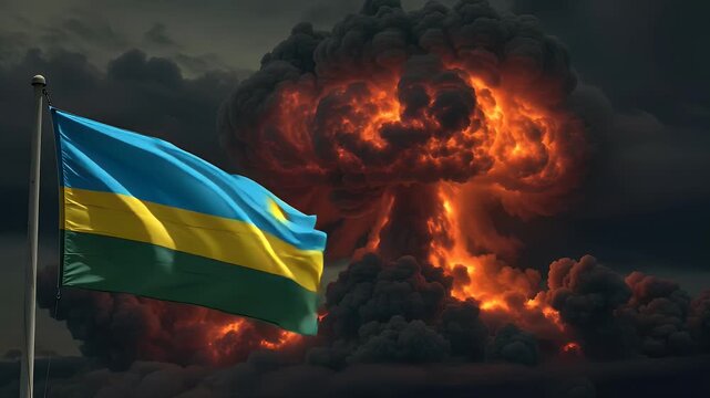 Animation of the flag of Rwanda waving against a backdrop of a massive fiery explosion. This footage can be used to depict concepts such as conflict, crisis, war, or political instability.