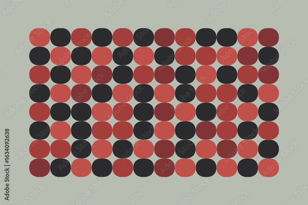 Poster a grid of alternating red and black circles on a light gray background creating a pattern design art