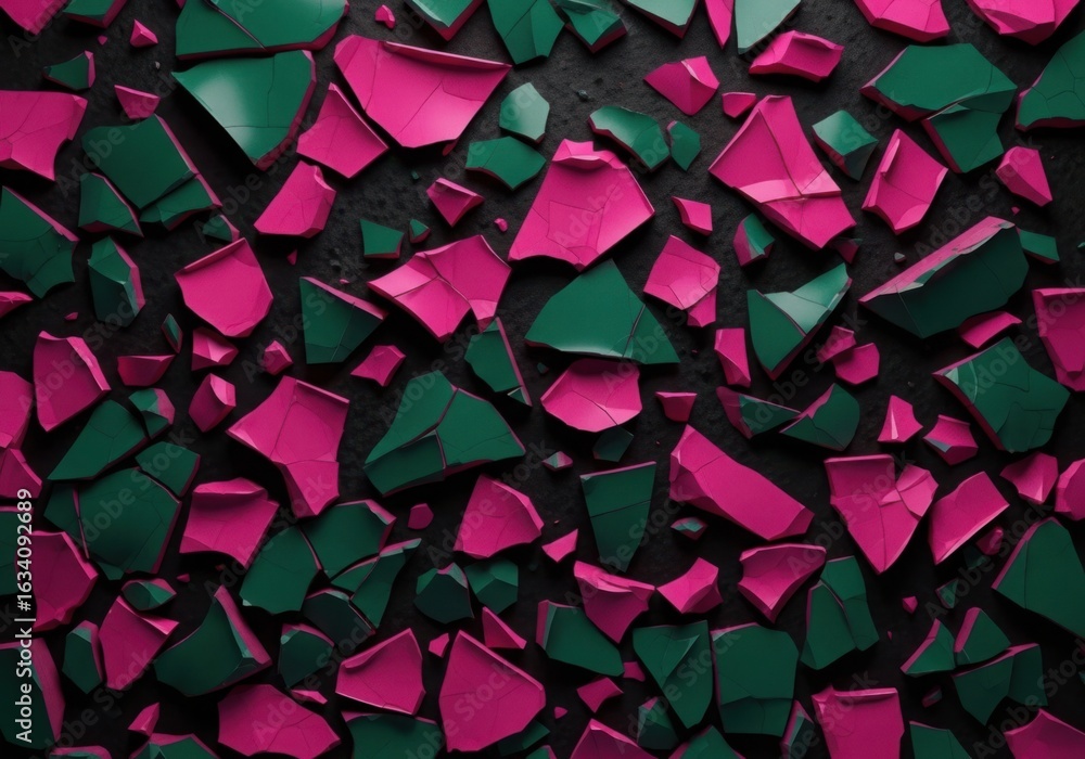 Poster abstract pattern of shattered glass fragments in vibrant pink and deep green colors creating a mosai