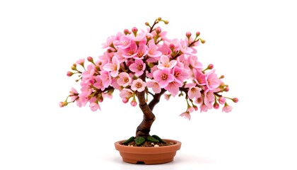 A blossoming bonsai tree with delicate pink flowers in a small pot