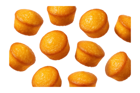 Multiple golden brown mini muffins are arranged in a scattered pattern, showcasing their smooth texture and rounded tops on transparent background.