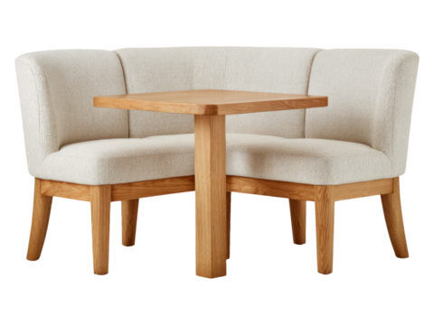 Cozy Corner Seating Booth with Wooden Table on Transparent Background