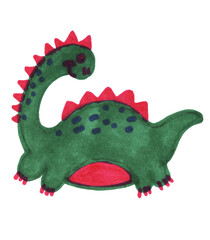 Hand-painted watercolor green dinosaur with red spikes and spots. Perfect for children's books, nursery decor, toys. Friendly cartoon character with cheerful expression on white background