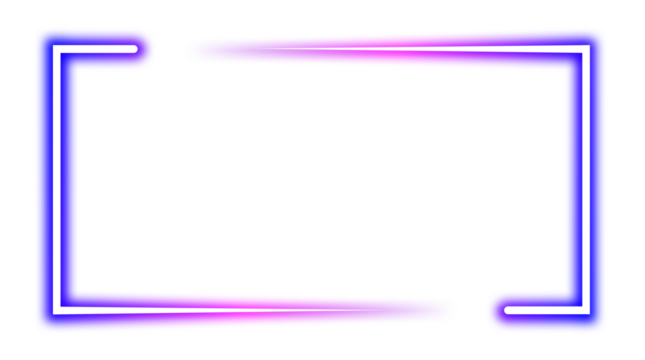 A glowing neon frame with a blue and pink purple gradient. A modern electric border in a rectangular bracket shape on transparent background, neon sign Banner, Mockup, presentation Design element, PNG