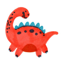 Cute watercolor red dinosaur with blue spikes and black spots. Perfect for children's books, nursery decor, educational materials, and kids' products. Bright, cheerful design on white background