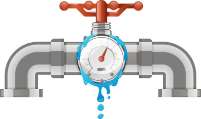 Leaking water pipe with a pressure gauge and valve losing water, forming drops and puddles against a clean white background, highlighting plumbing issues and resource waste
