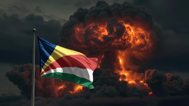 Animation of the flag of Seychelles waving against a backdrop of a massive fiery explosion. This footage can be used to depict concepts such as conflict, crisis, war, or political instability.